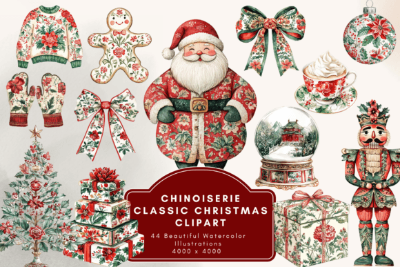 Chinoiserie Red Green Christmas Clipar Illustrations Review