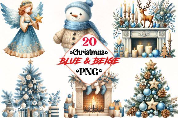 Christmas Blue Beige Clipart for Modern Illustrations