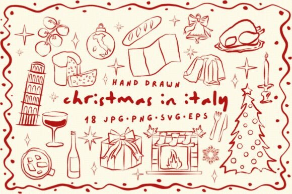 Hand Drawn Christmas in Italy Clipart: Festive Illustrations for Crafters