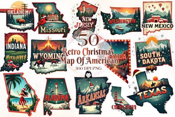 Retro Christmas Map of US.States Bundle for Illustrations