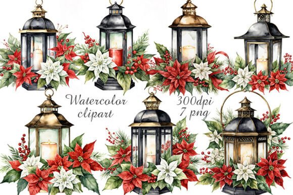 Watercolor Christmas Old Lanterns: Festive Illustrations for Local Brands