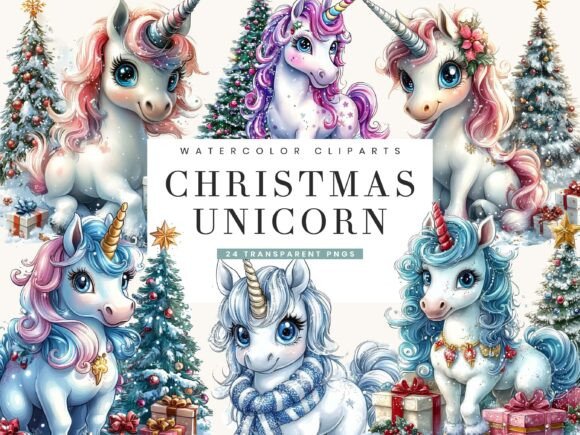 Watercolor Christmas Unicorns Clipart for Modern Illustrations