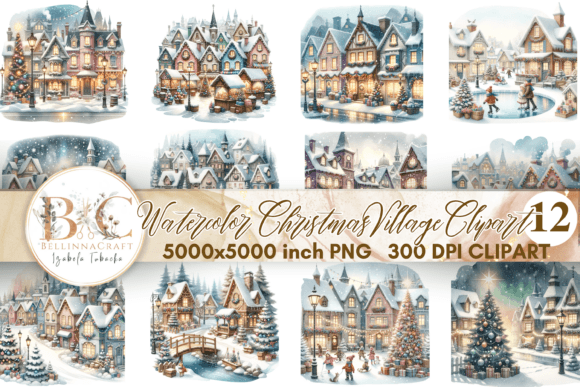 Watercolor Christmas Village Clipart for Modern Illustrations