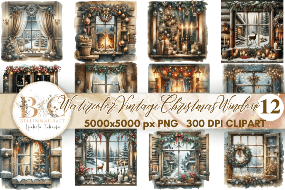 Watercolor Vintage Christmas Window PNG for Commercial Illustrations